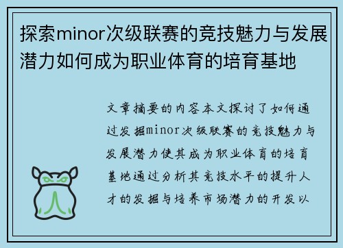 探索minor次级联赛的竞技魅力与发展潜力如何成为职业体育的培育基地